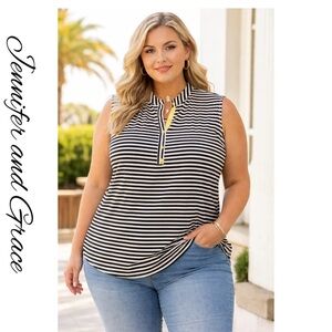 Jennifer and Grace 3X sleeveless quarter button down blouse Black white striped